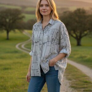 Habitat Women's Button Up Shirt Size Medium Geometric Lagenlook